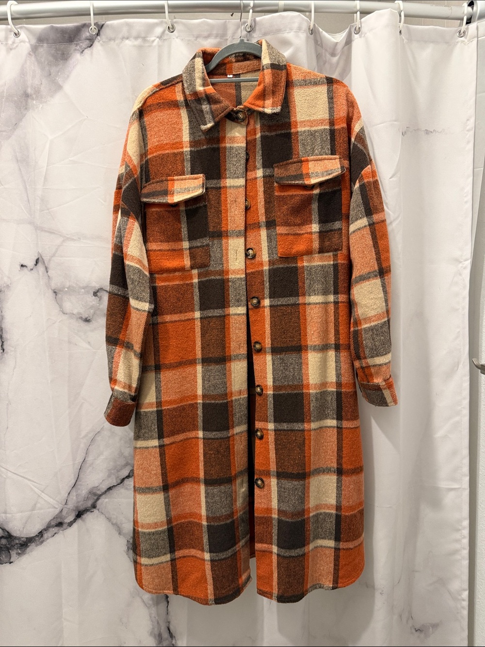 Plaid Button-Front Wool Blend Shacket Coat - Orange/Cream